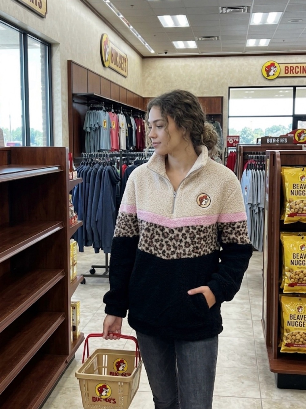 🧩Buc-ee’s Sherpa Half zip pullover color block animal cheetah print size S GUC - Picture 2 of 9